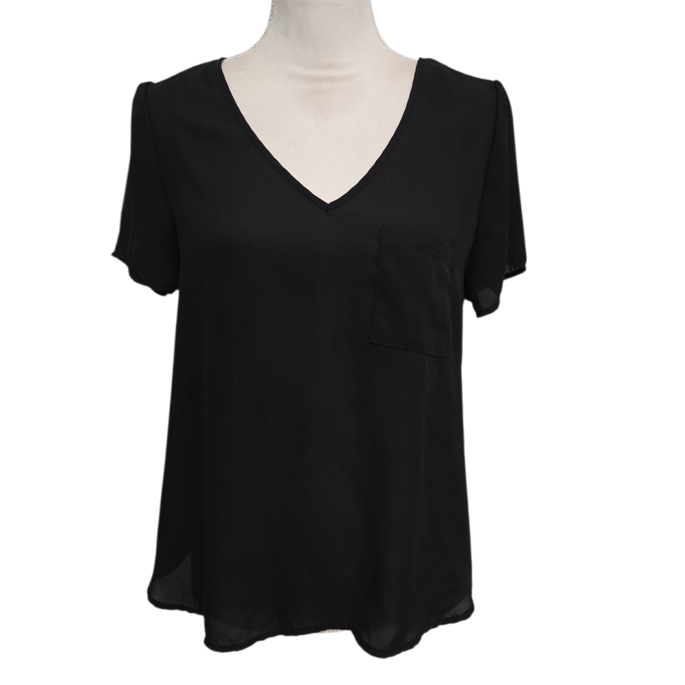 Lily White Classic Black V-Neck Women's Top With Cross Open Back Size Large